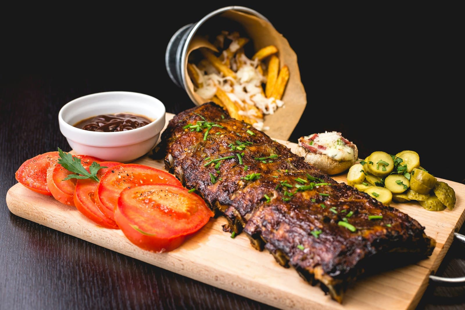 Grilled steak served on a wooden board